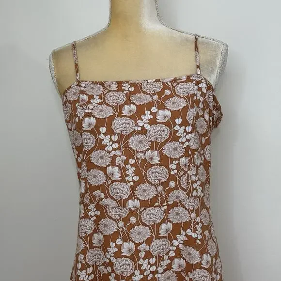 Saks Fifth Avenue Floral Ruffle Linen Blend Midi Dress Size L Brown White - Picture 4 of 12